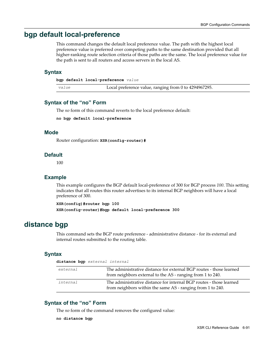 Bgp default local-preference, Distance bgp | Enterasys Networks X-Pedition XSR CLI User Manual | Page 287 / 684