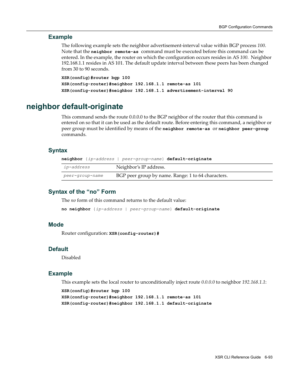 Neighbor default-originate | Enterasys Networks X-Pedition XSR CLI User Manual | Page 289 / 684