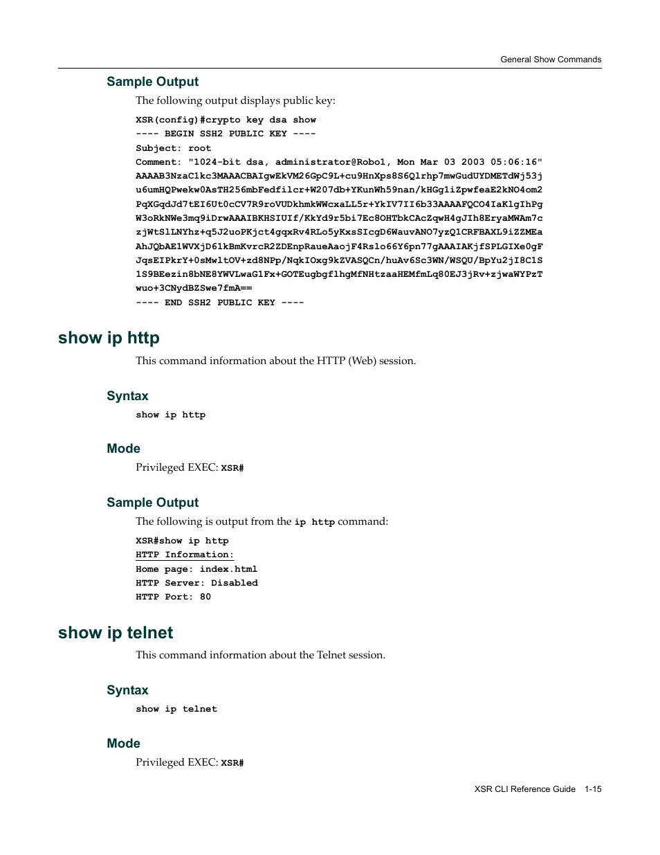 Show ip telnet | Enterasys Networks X-Pedition XSR CLI User Manual | Page 29 / 684