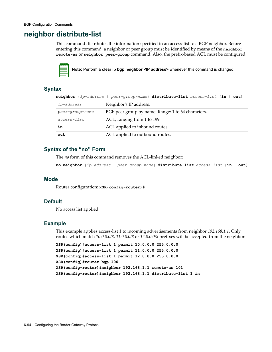 Neighbor distribute-list | Enterasys Networks X-Pedition XSR CLI User Manual | Page 290 / 684