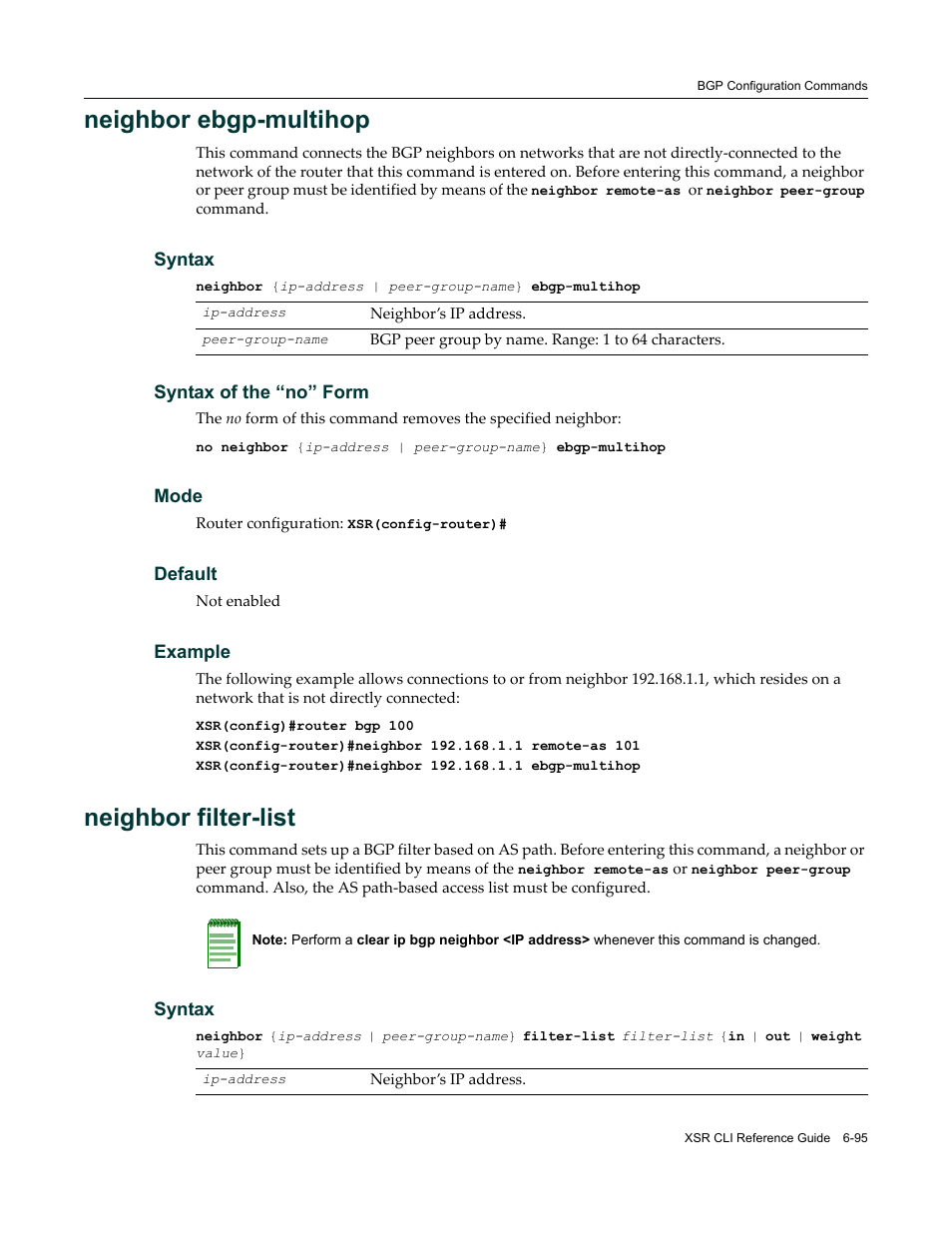 Neighbor ebgp-multihop, Neighbor filter-list | Enterasys Networks X-Pedition XSR CLI User Manual | Page 291 / 684