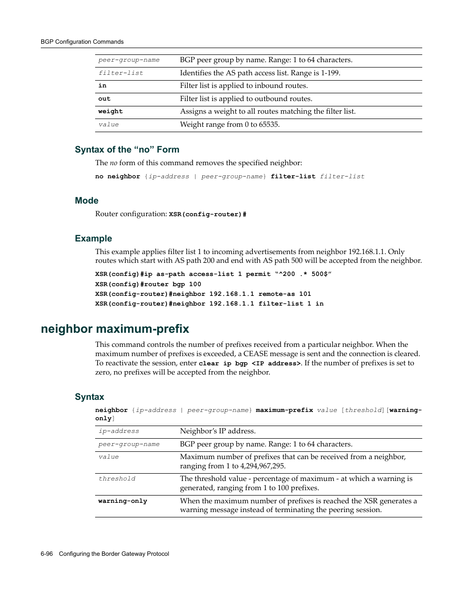 Neighbor maximum-prefix | Enterasys Networks X-Pedition XSR CLI User Manual | Page 292 / 684