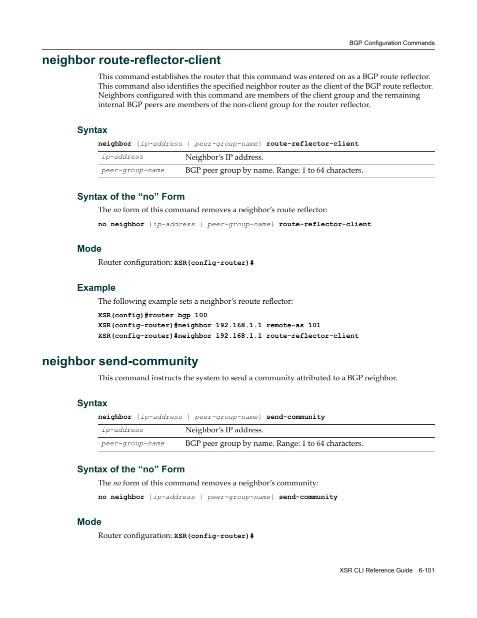 Neighbor route-reflector-client, Neighbor send-community | Enterasys Networks X-Pedition XSR CLI User Manual | Page 297 / 684