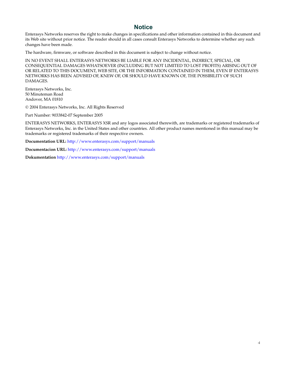 Notice | Enterasys Networks X-Pedition XSR CLI User Manual | Page 3 / 684