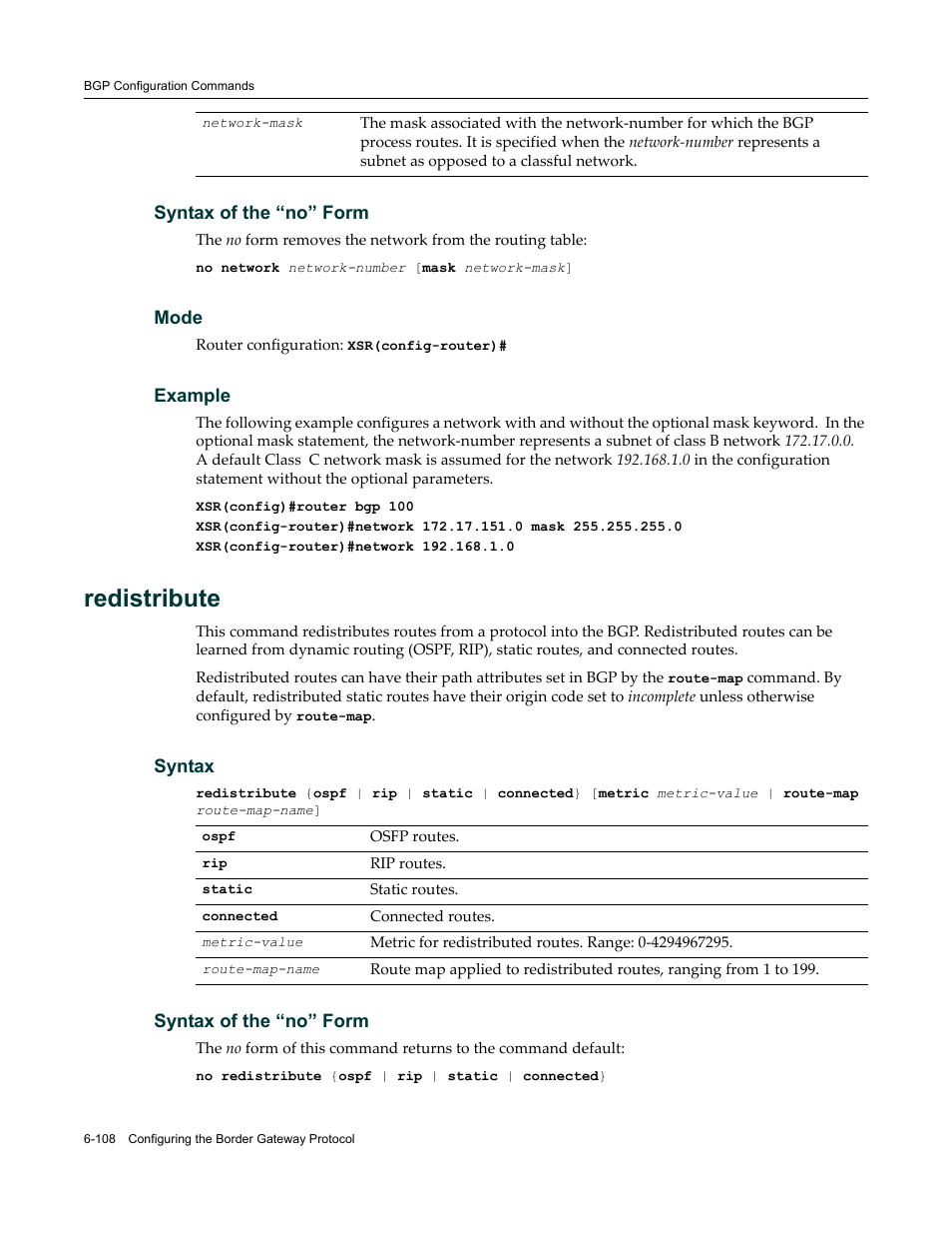 Redistribute | Enterasys Networks X-Pedition XSR CLI User Manual | Page 304 / 684