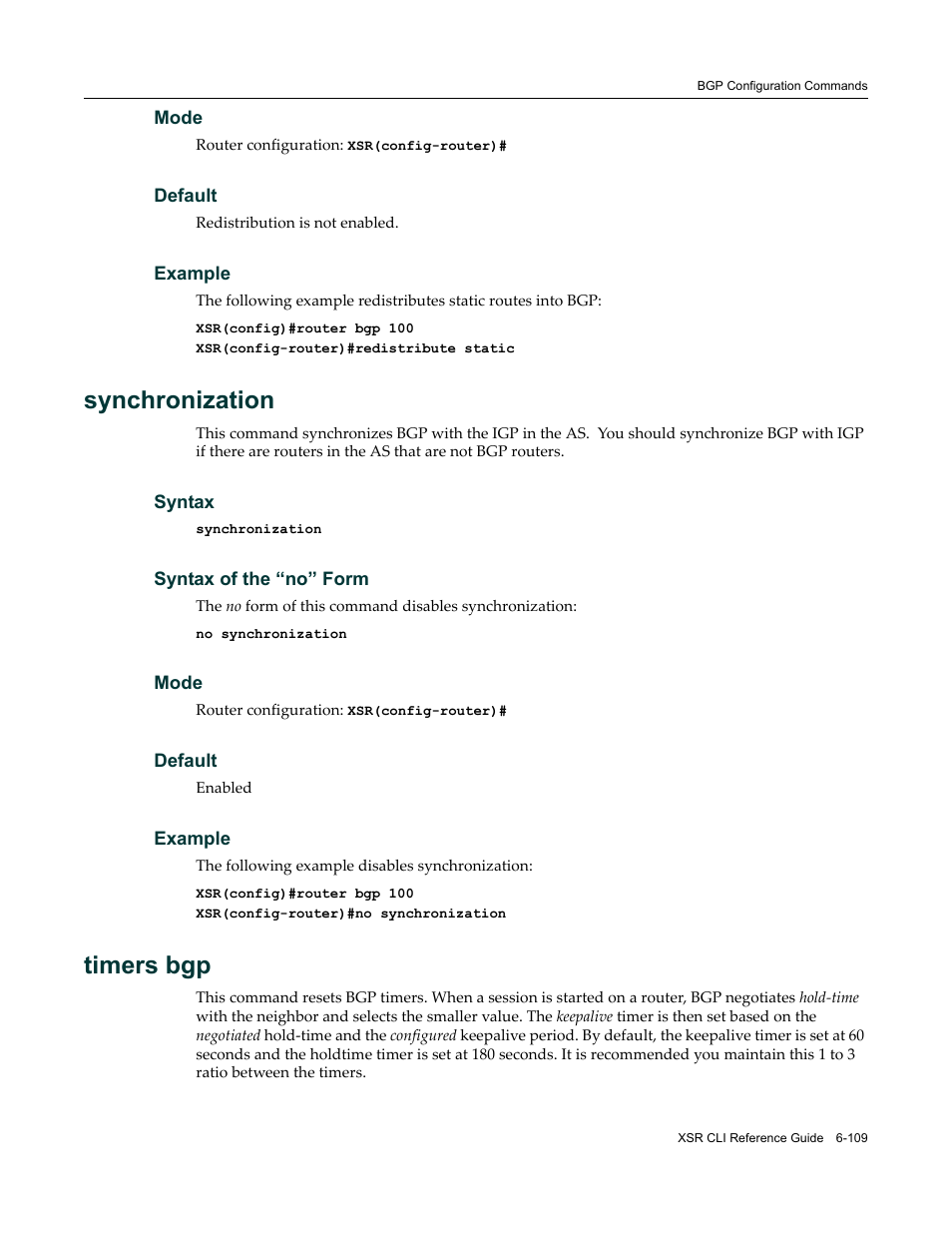 Synchronization, Timers bgp | Enterasys Networks X-Pedition XSR CLI User Manual | Page 305 / 684