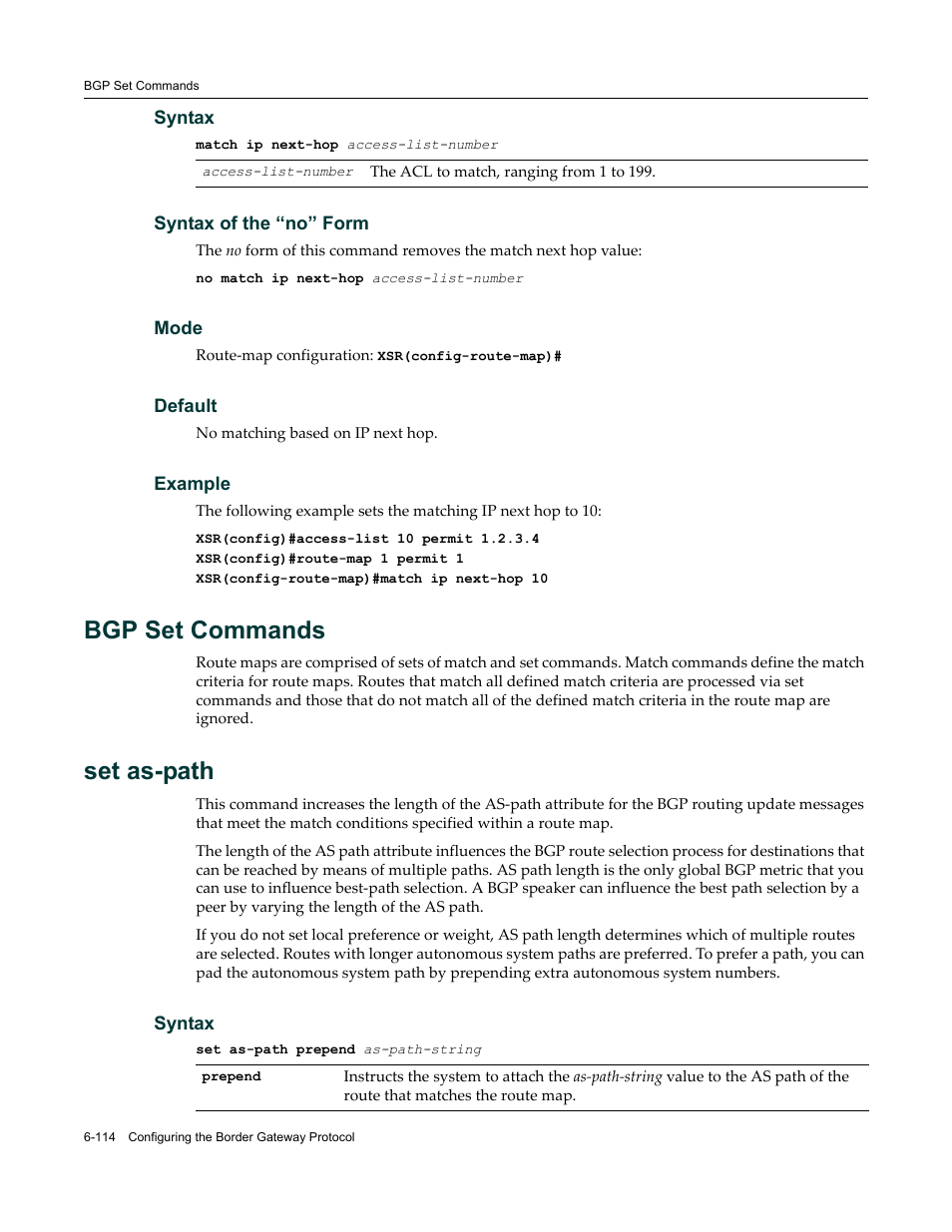 Bgp set commands, Bgp set commands -114, Set as-path | Enterasys Networks X-Pedition XSR CLI User Manual | Page 310 / 684