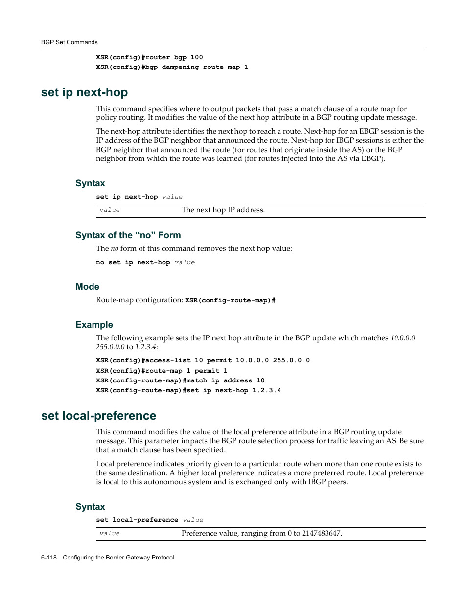 Set ip next-hop, Set local-preference | Enterasys Networks X-Pedition XSR CLI User Manual | Page 314 / 684