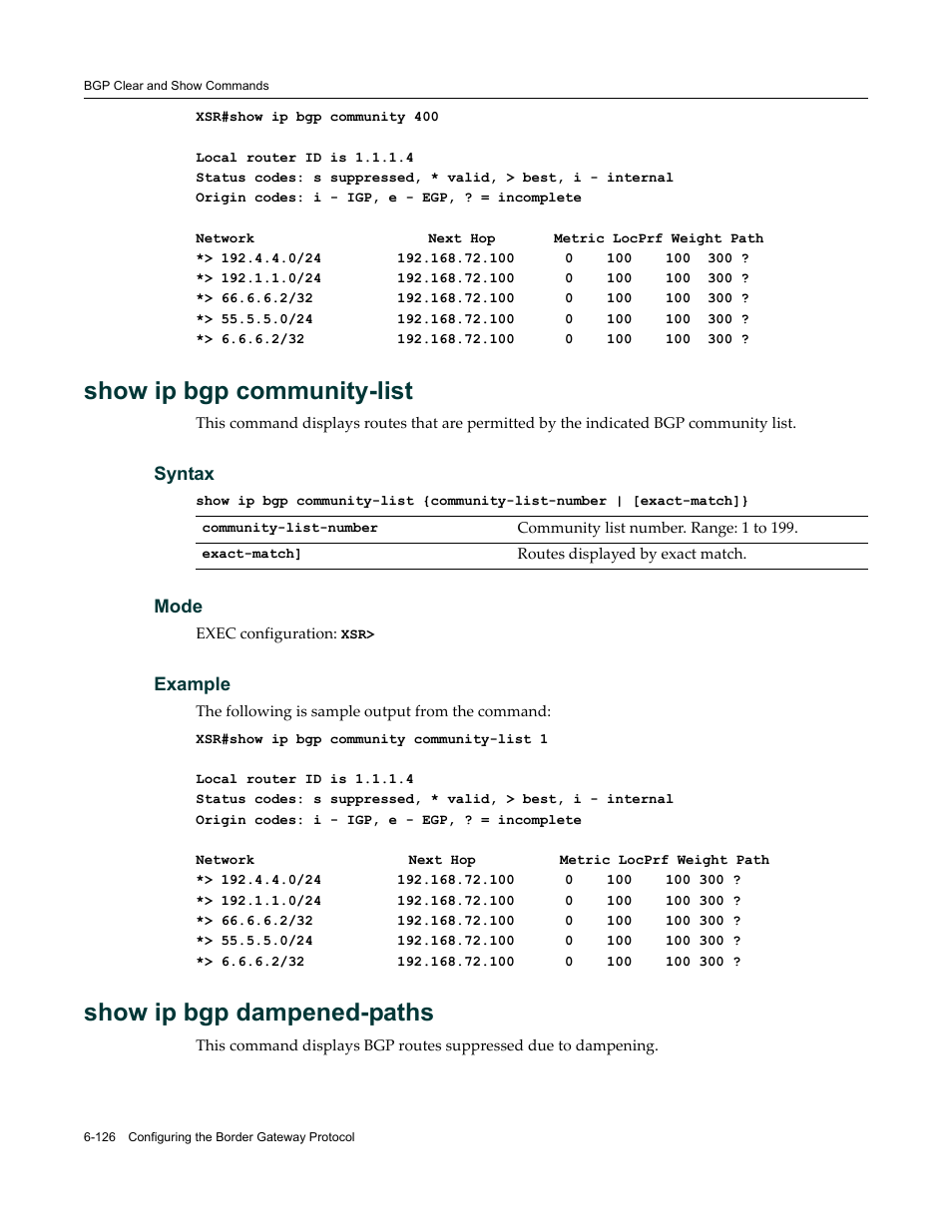 Show ip bgp community-list, Show ip bgp dampened-paths | Enterasys Networks X-Pedition XSR CLI User Manual | Page 322 / 684