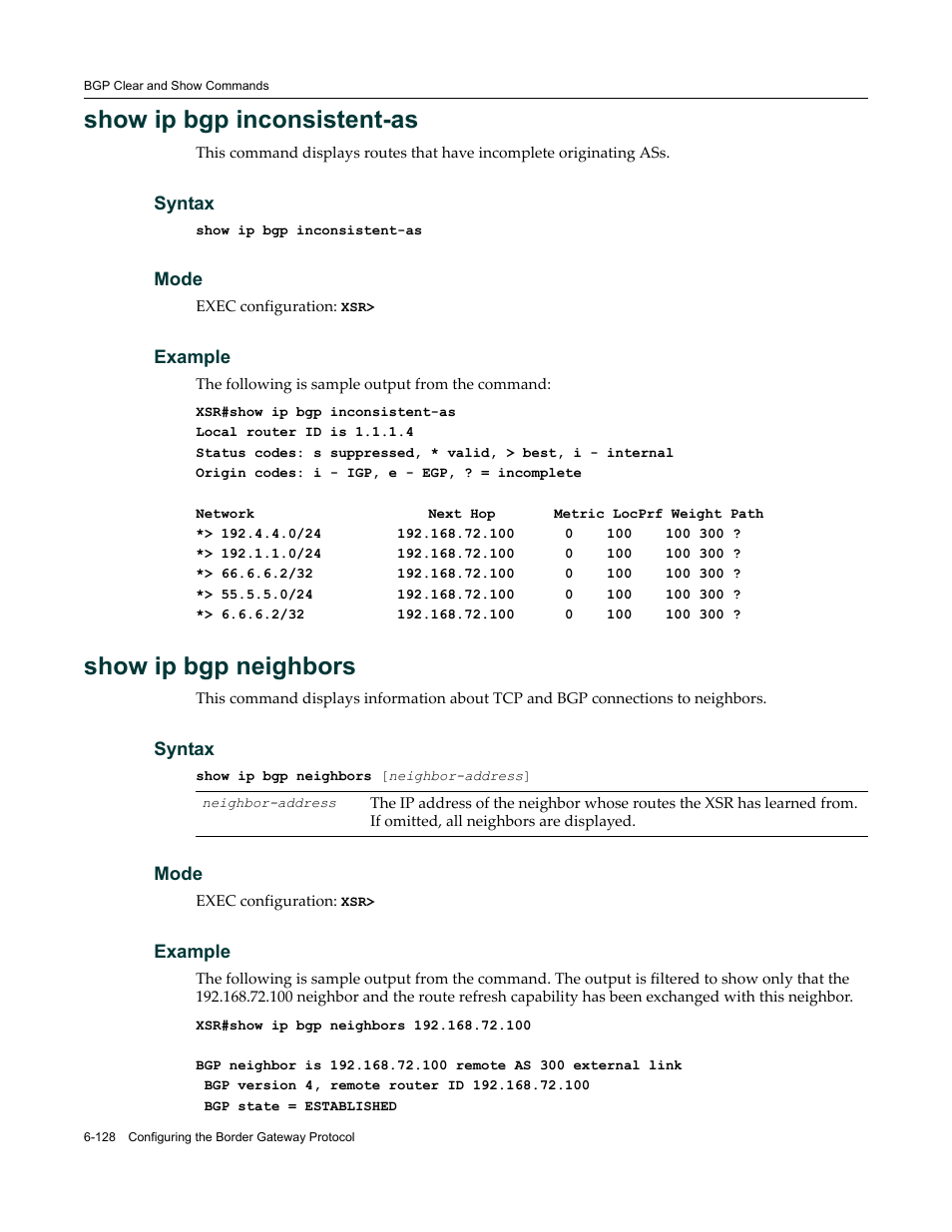 Show ip bgp inconsistent-as, Show ip bgp neighbors | Enterasys Networks X-Pedition XSR CLI User Manual | Page 324 / 684