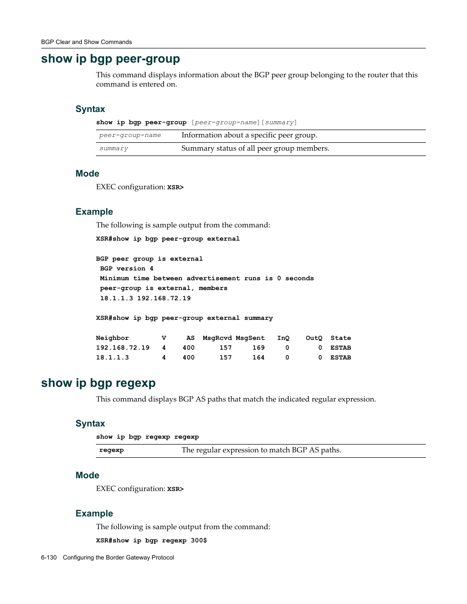 Show ip bgp peer-group, Show ip bgp regexp | Enterasys Networks X-Pedition XSR CLI User Manual | Page 326 / 684