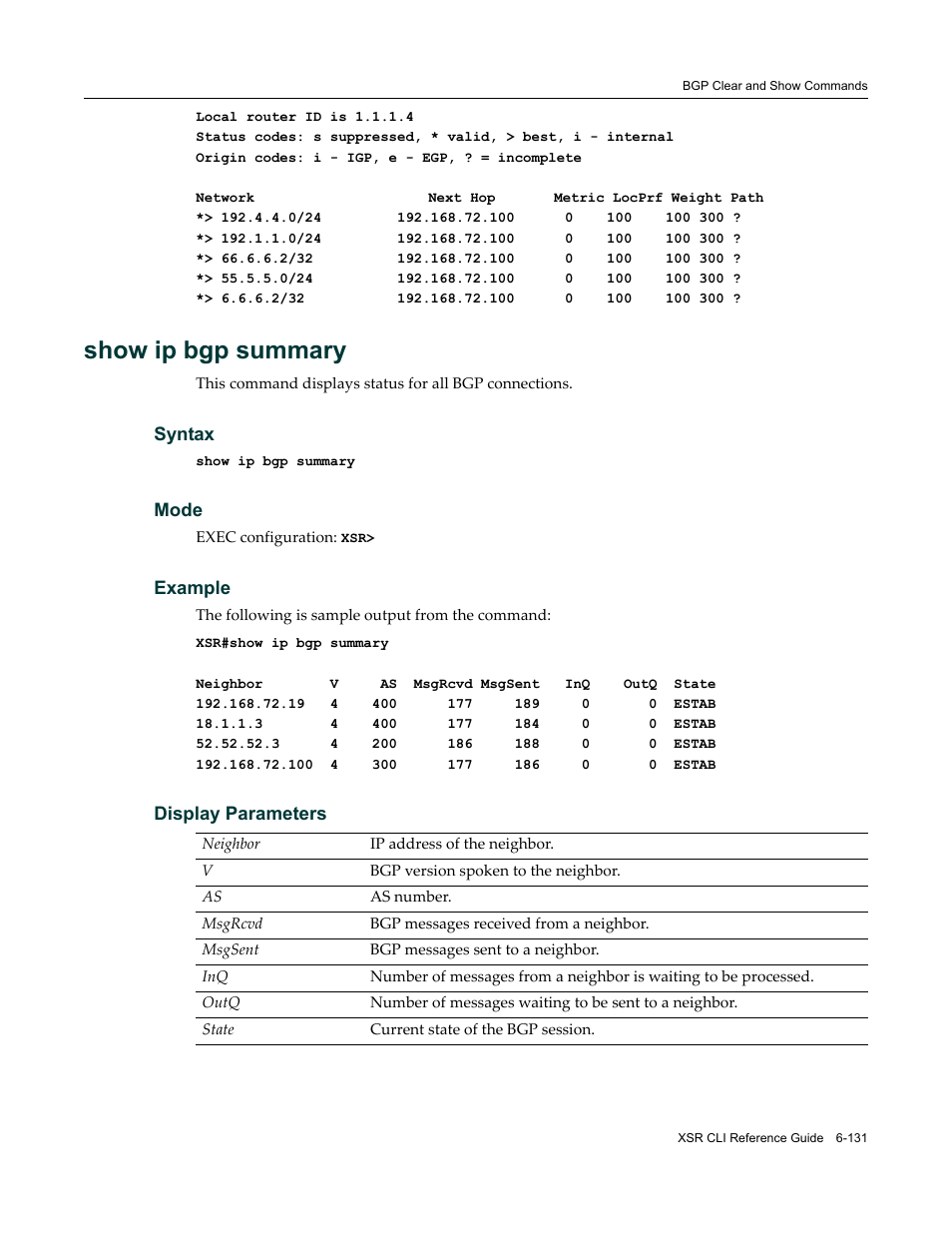 Show ip bgp summary | Enterasys Networks X-Pedition XSR CLI User Manual | Page 327 / 684