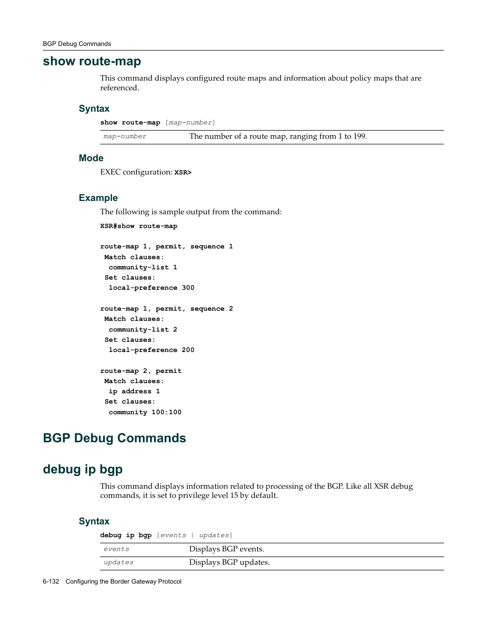 Bgp debug commands, Bgp debug commands -132, Show route-map | Bgp debug commands debug ip bgp | Enterasys Networks X-Pedition XSR CLI User Manual | Page 328 / 684
