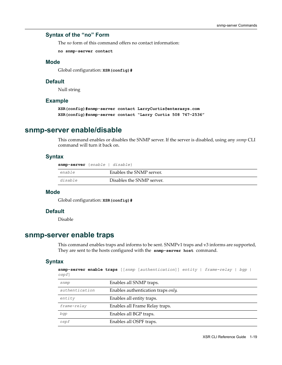 Snmp-server enable/disable, Snmp-server enable traps | Enterasys Networks X-Pedition XSR CLI User Manual | Page 33 / 684