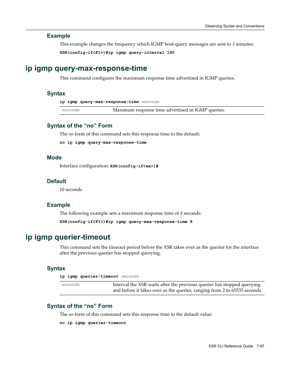 Ip igmp query-max-response-time, Ip igmp querier-timeout | Enterasys Networks X-Pedition XSR CLI User Manual | Page 335 / 684