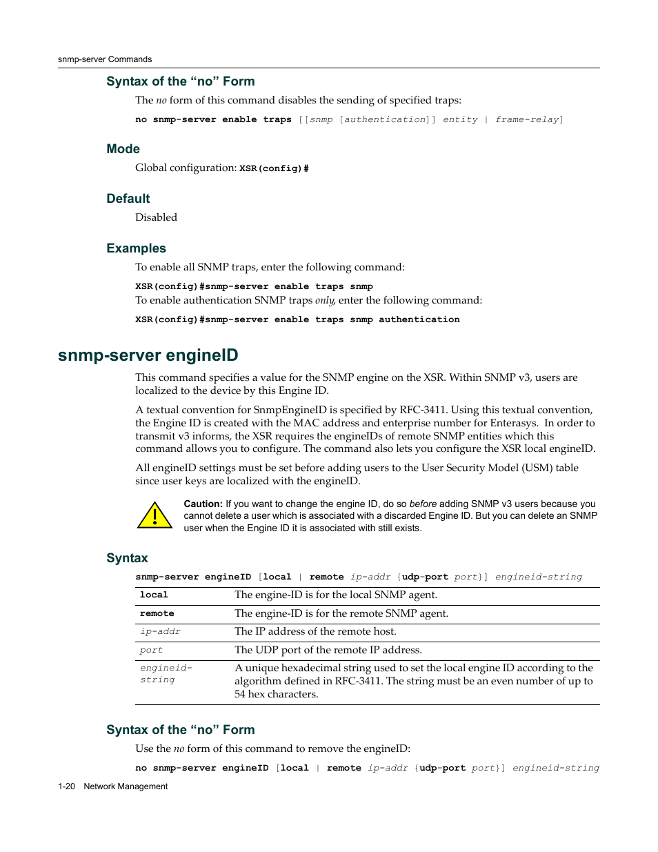 Snmp-server engineid | Enterasys Networks X-Pedition XSR CLI User Manual | Page 34 / 684