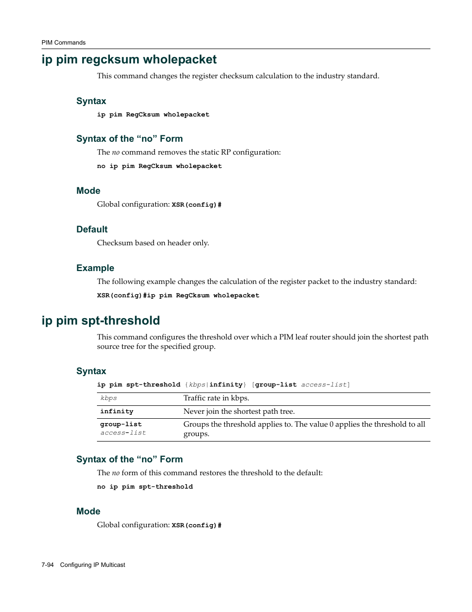 Ip pim regcksum wholepacket, Ip pim spt-threshold | Enterasys Networks X-Pedition XSR CLI User Manual | Page 342 / 684