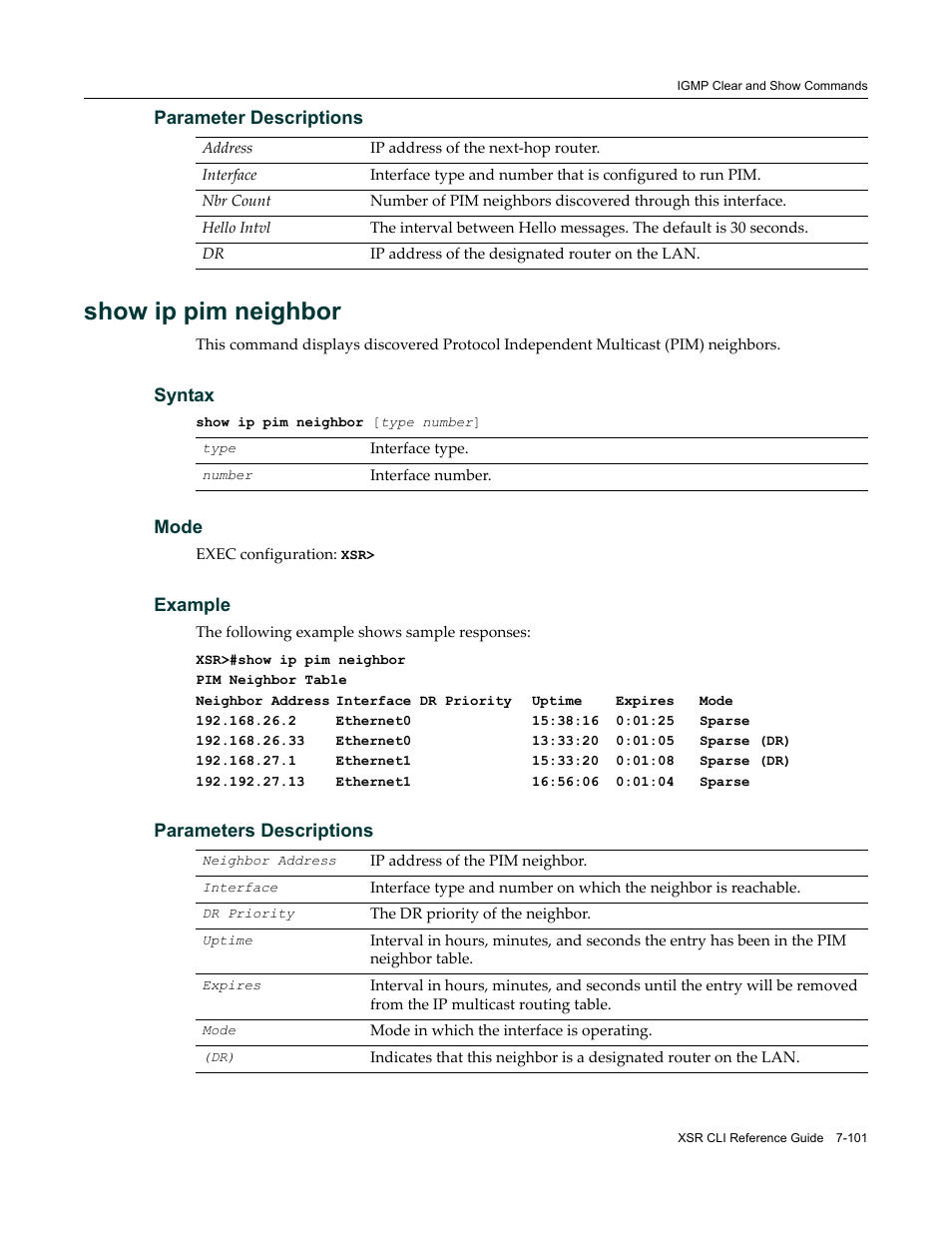 Show ip pim neighbor | Enterasys Networks X-Pedition XSR CLI User Manual | Page 349 / 684