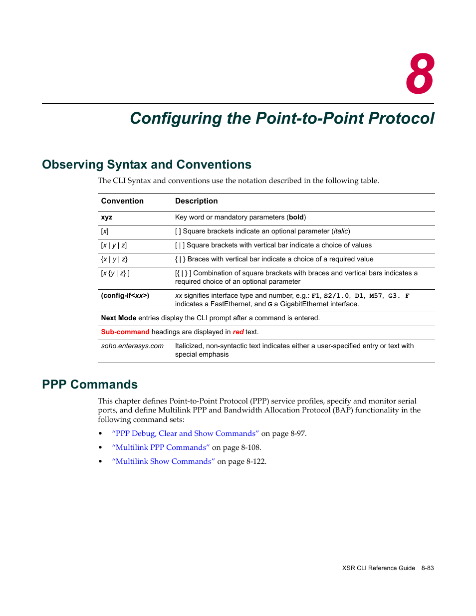 Configuring the point-to-point protocol, Observing syntax and conventions, Ppp commands | Chapter 8: configuring the point-to-point protocol | Enterasys Networks X-Pedition XSR CLI User Manual | Page 353 / 684