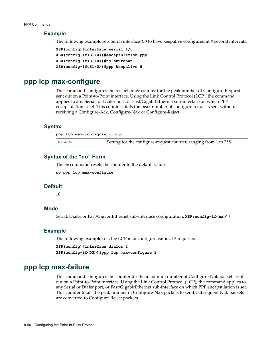 Ppp lcp max-configure, Ppp lcp max-failure | Enterasys Networks X-Pedition XSR CLI User Manual | Page 360 / 684