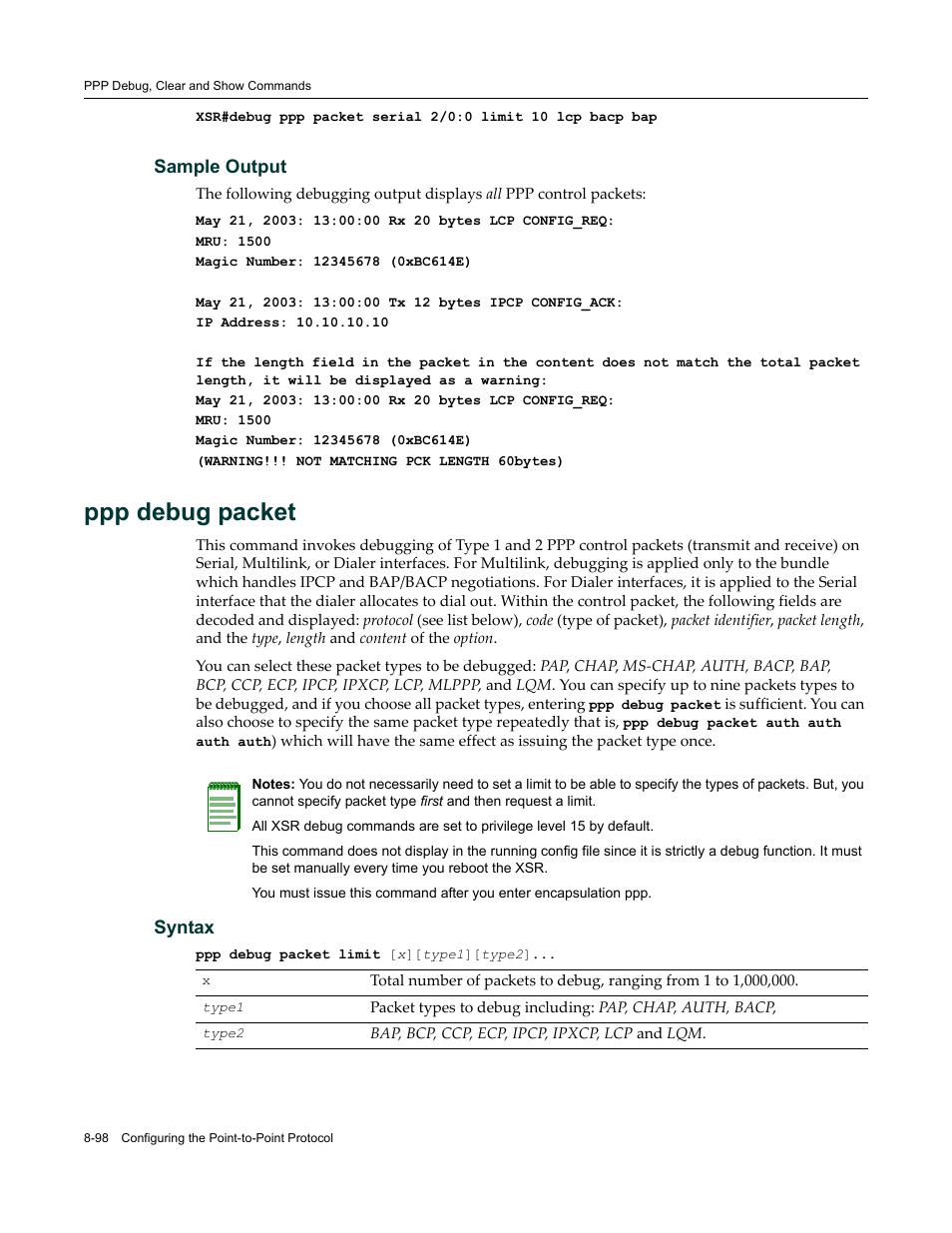 Ppp debug packet | Enterasys Networks X-Pedition XSR CLI User Manual | Page 368 / 684