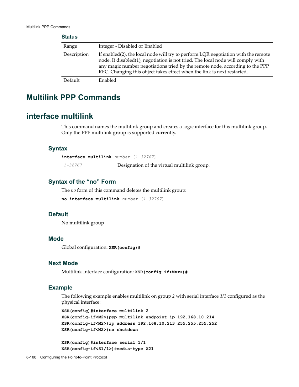 Multilink ppp commands, Multilink ppp commands -108, Multilink ppp commands interface multilink | Enterasys Networks X-Pedition XSR CLI User Manual | Page 378 / 684