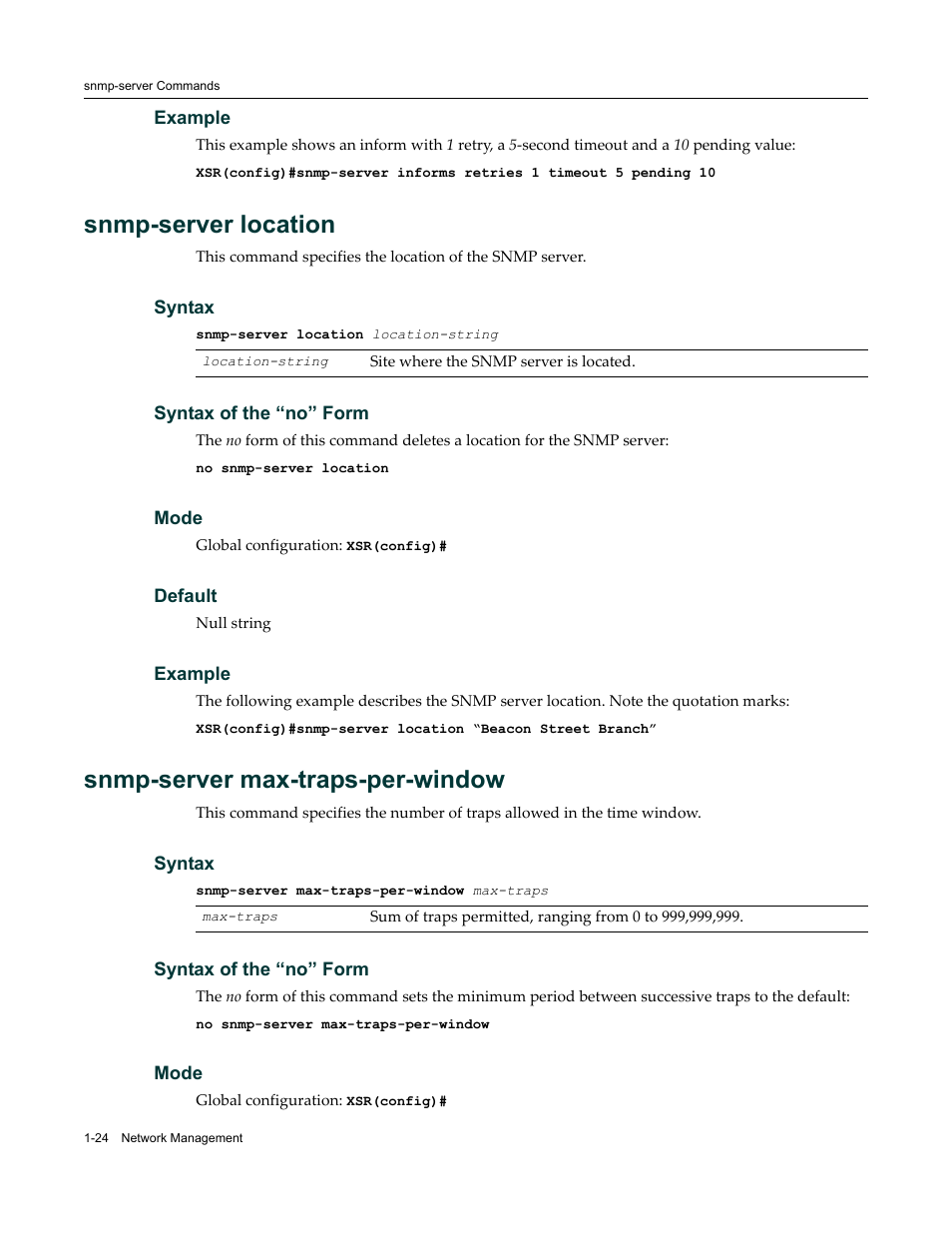 Snmp-server location, Snmp-server max-traps-per-window | Enterasys Networks X-Pedition XSR CLI User Manual | Page 38 / 684