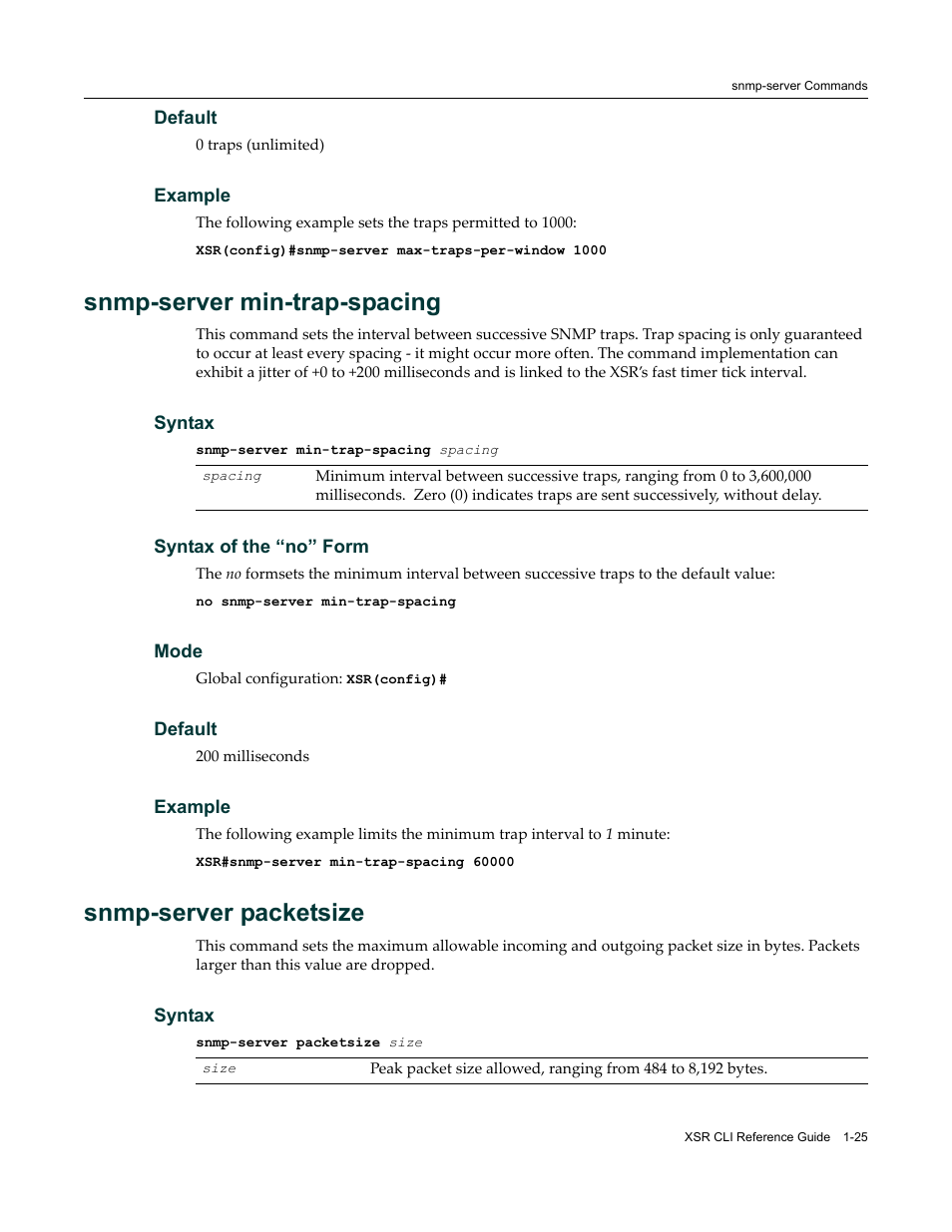 Snmp-server min-trap-spacing, Snmp-server packetsize | Enterasys Networks X-Pedition XSR CLI User Manual | Page 39 / 684