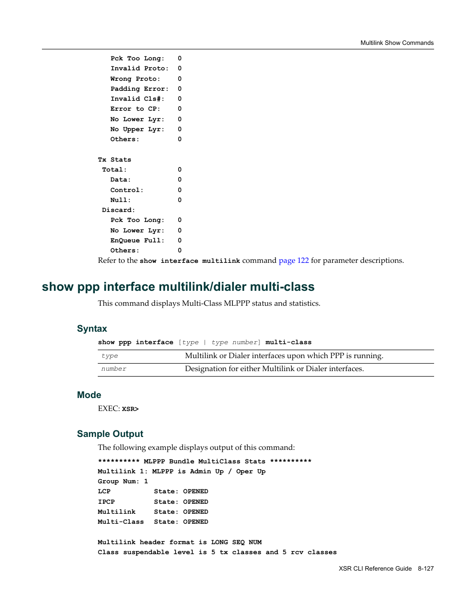 Show ppp interface multilink/dialer multi-class | Enterasys Networks X-Pedition XSR CLI User Manual | Page 397 / 684