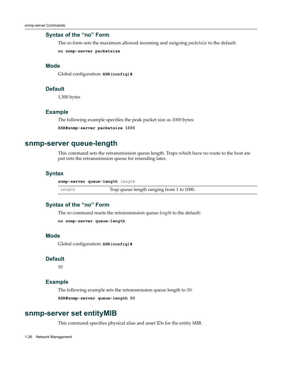 Snmp-server queue-length, Snmp-server set entitymib | Enterasys Networks X-Pedition XSR CLI User Manual | Page 40 / 684