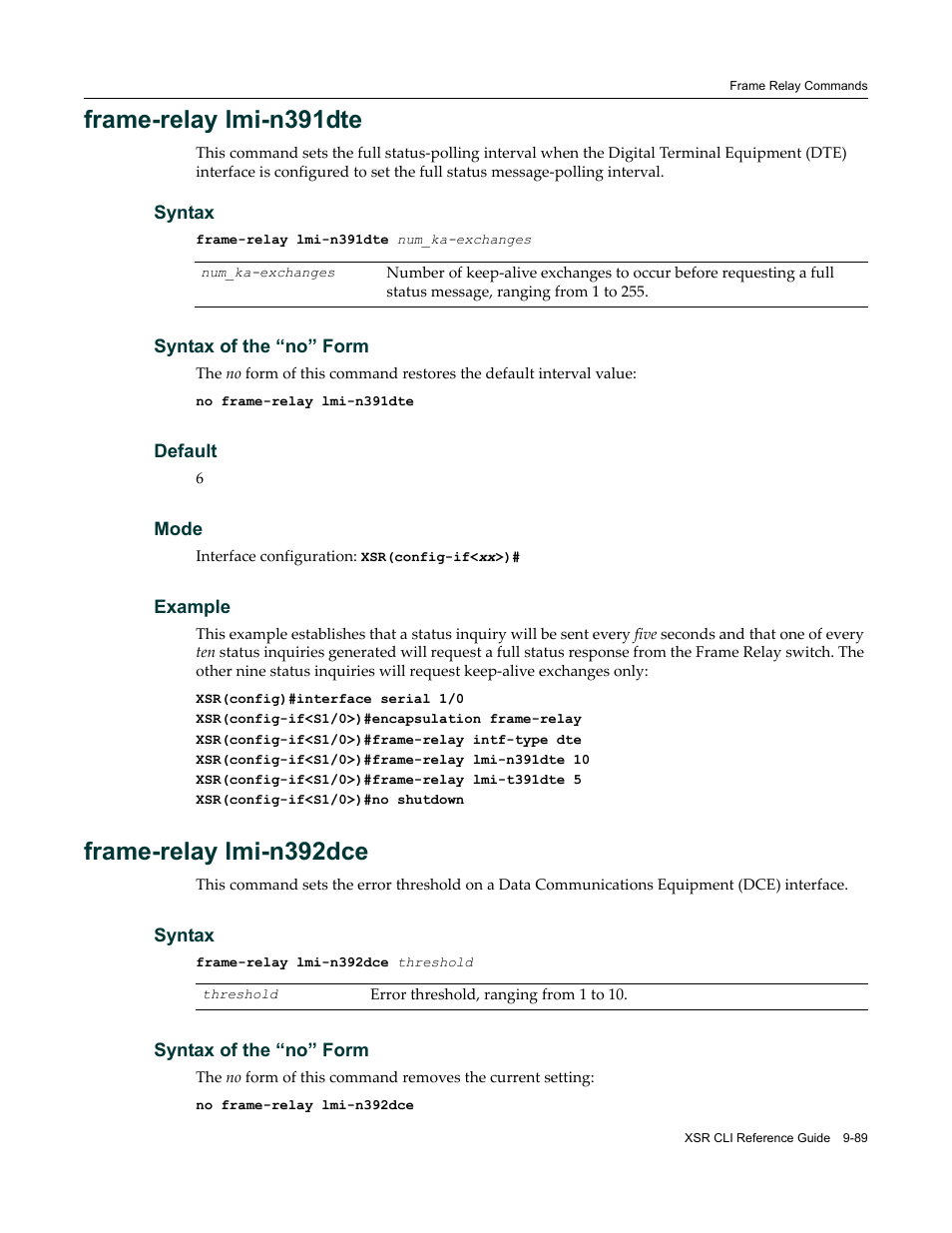 Frame-relay lmi-n391dte, Frame-relay lmi-n392dce | Enterasys Networks X-Pedition XSR CLI User Manual | Page 413 / 684