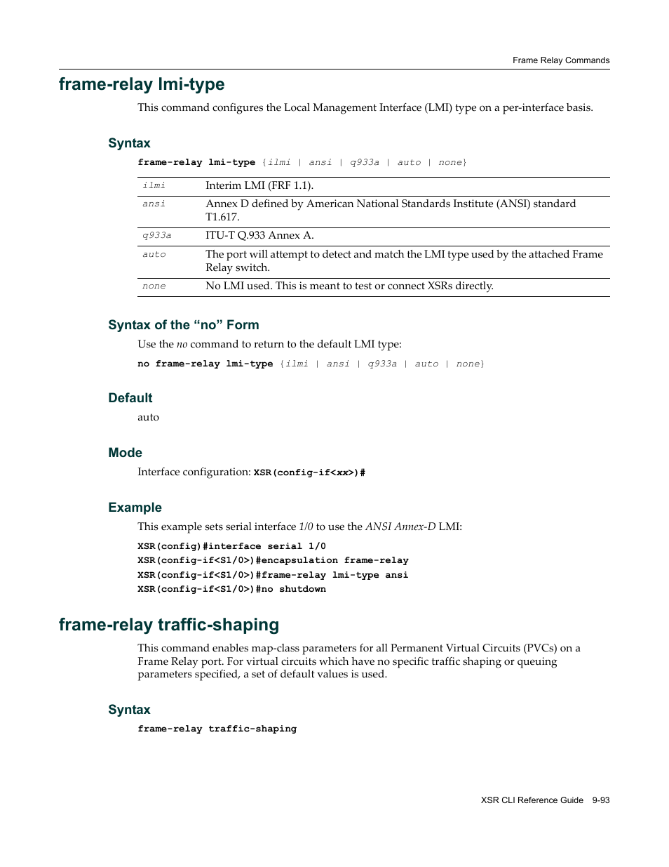 Frame-relay lmi-type, Frame-relay traffic-shaping | Enterasys Networks X-Pedition XSR CLI User Manual | Page 417 / 684