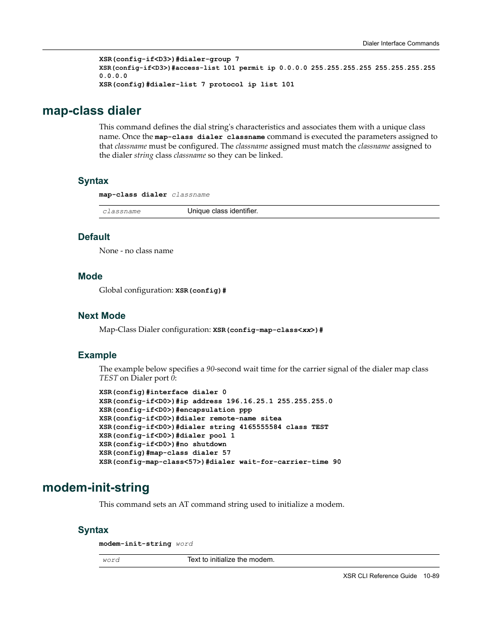 Map-class dialer, Modem-init-string | Enterasys Networks X-Pedition XSR CLI User Manual | Page 443 / 684