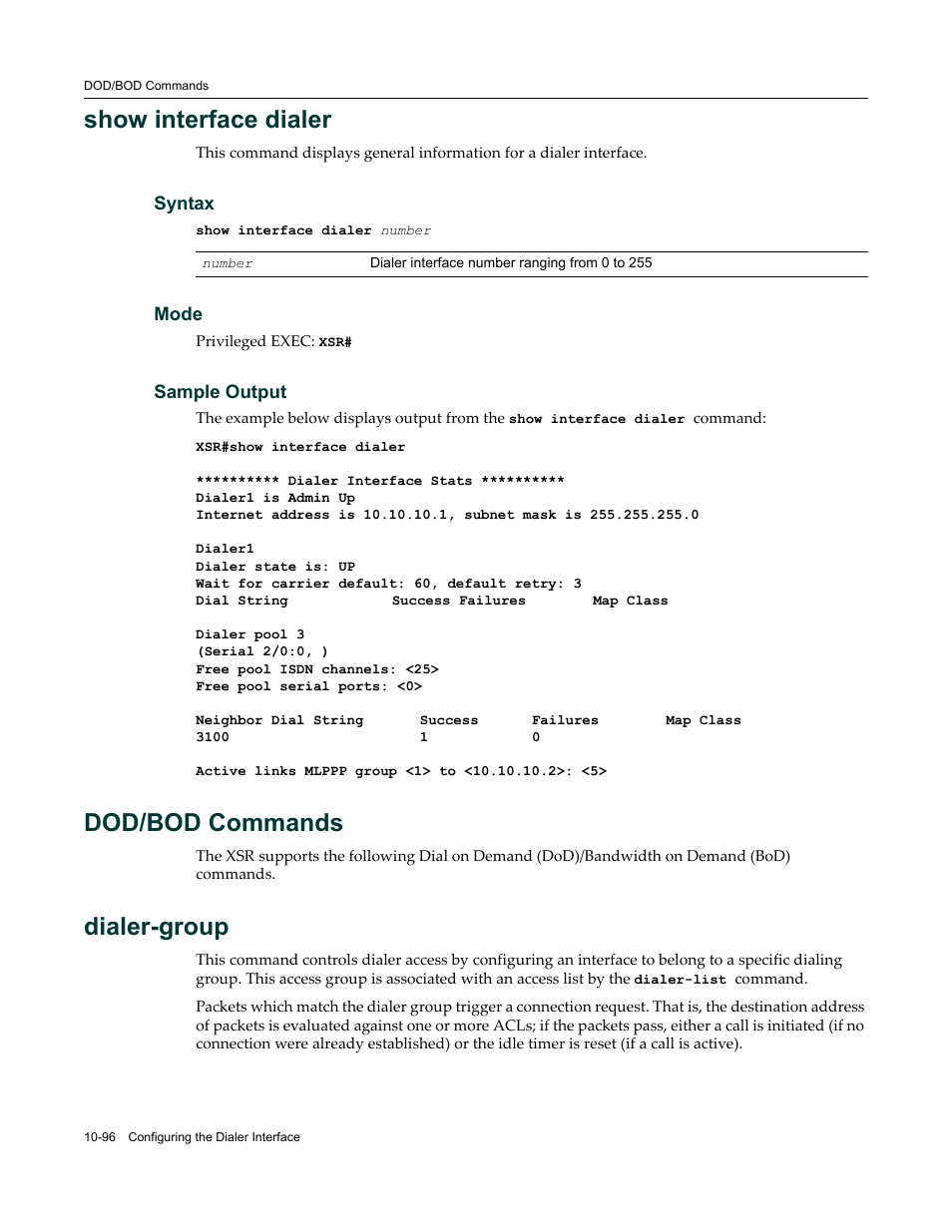 Dod/bod commands, Dod/bod commands -96, Show interface dialer | Dialer-group | Enterasys Networks X-Pedition XSR CLI User Manual | Page 450 / 684