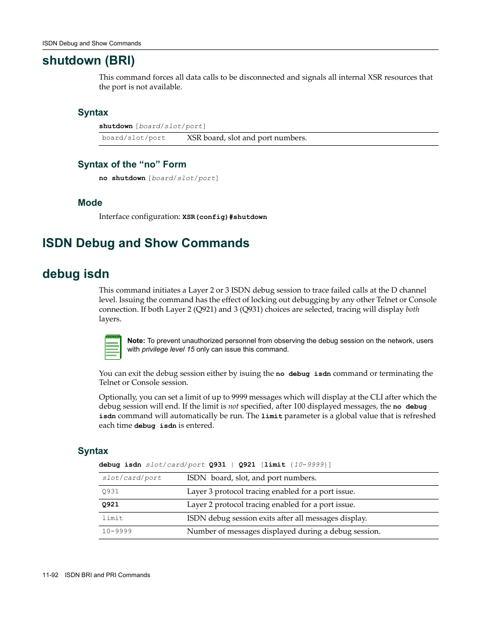 Isdn debug and show commands, Isdn debug and show commands -92, Shutdown (bri) | Isdn debug and show commands debug isdn | Enterasys Networks X-Pedition XSR CLI User Manual | Page 470 / 684