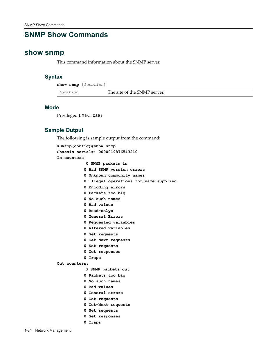 Snmp show commands, Snmp show commands -34, Snmp show commands show snmp | Enterasys Networks X-Pedition XSR CLI User Manual | Page 48 / 684