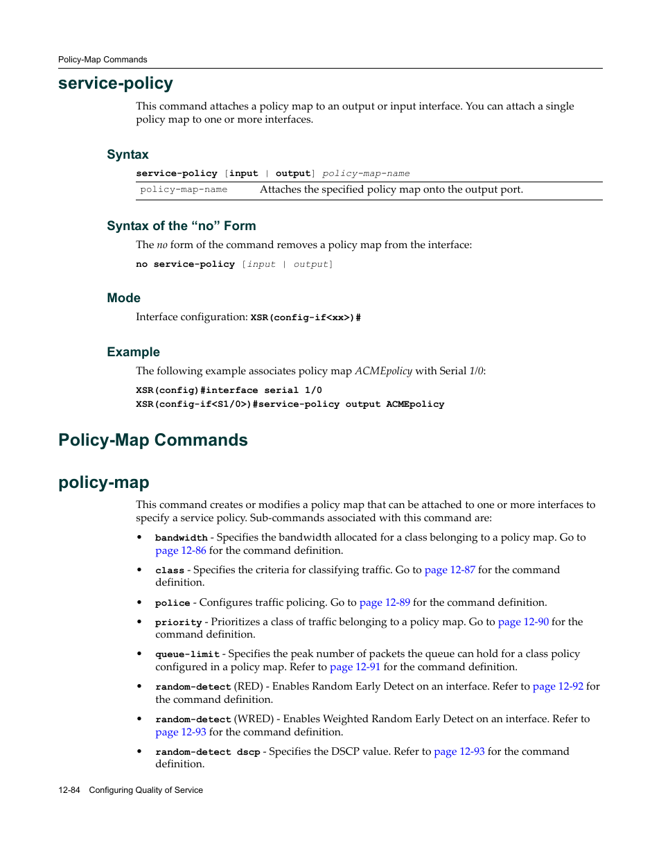 Policy-map commands, Policy-map commands -84, Policy‐map commands | Service-policy, Policy-map commands policy-map | Enterasys Networks X-Pedition XSR CLI User Manual | Page 480 / 684