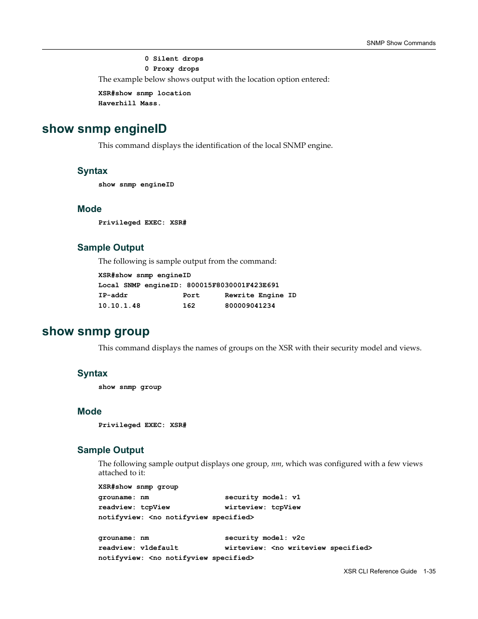 Show snmp engineid, Show snmp group | Enterasys Networks X-Pedition XSR CLI User Manual | Page 49 / 684