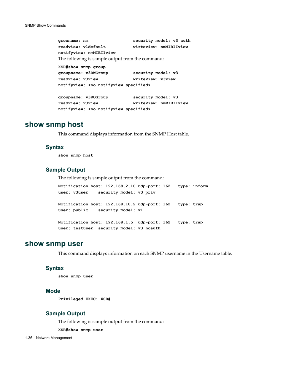 Show snmp host, Show snmp user | Enterasys Networks X-Pedition XSR CLI User Manual | Page 50 / 684