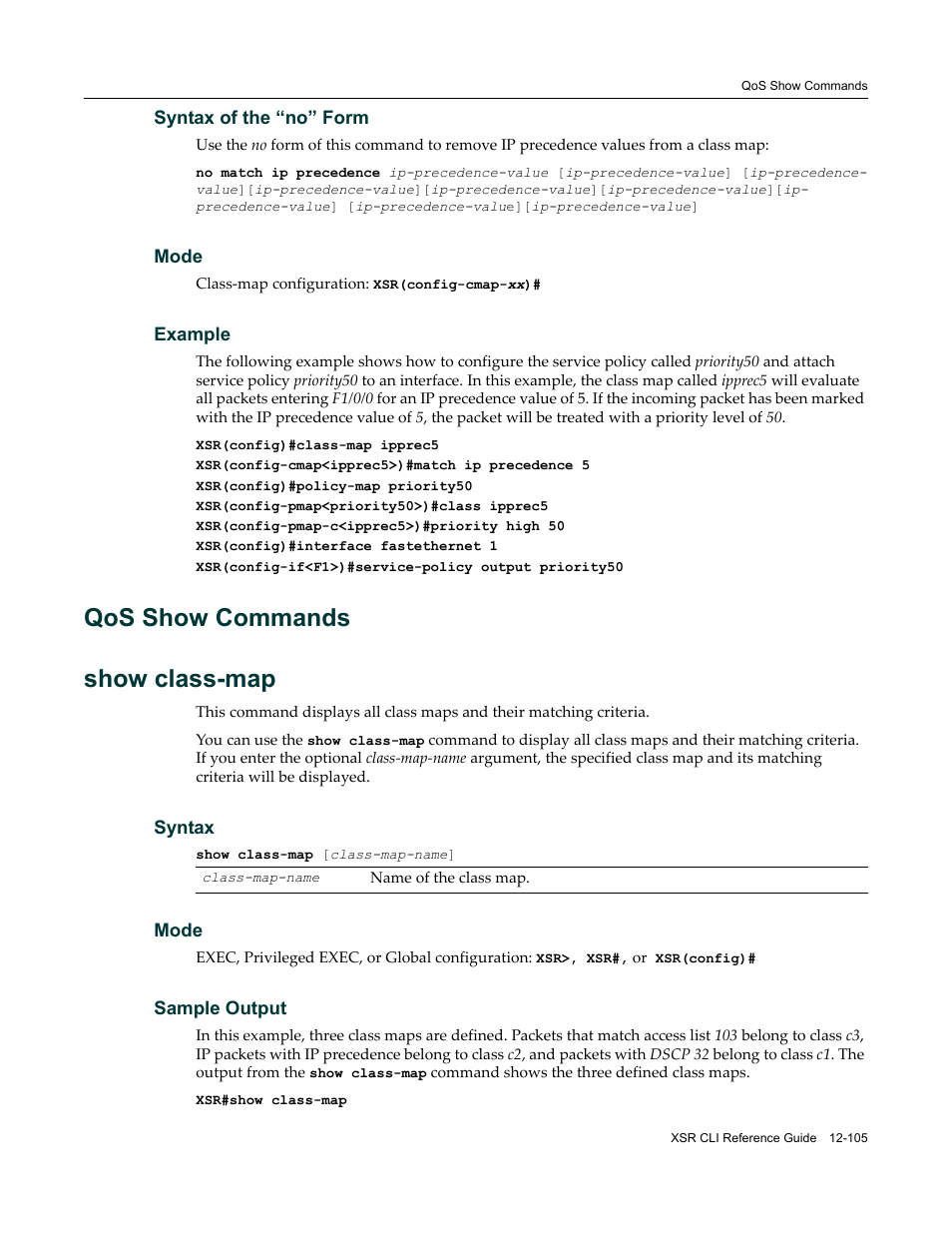 Qos show commands, Qos show commands -105, Qos show commands show class-map | Enterasys Networks X-Pedition XSR CLI User Manual | Page 501 / 684