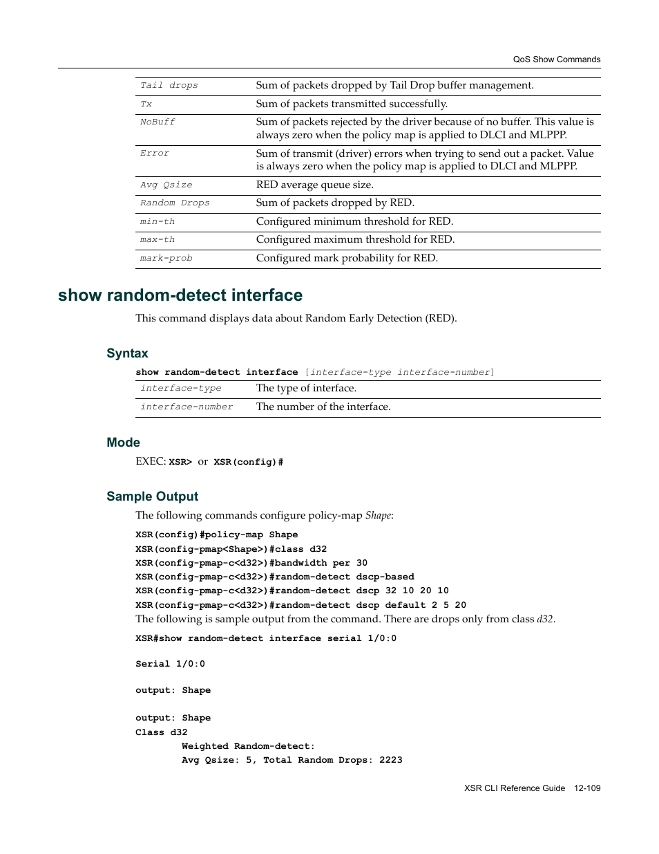 Show random-detect interface | Enterasys Networks X-Pedition XSR CLI User Manual | Page 505 / 684