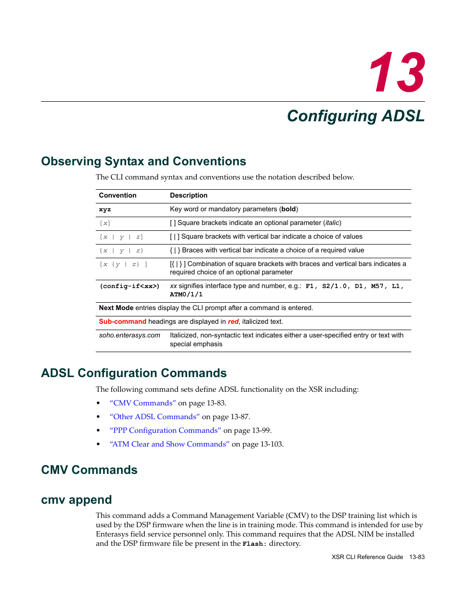 Configuring adsl, Observing syntax and conventions, Adsl configuration commands | Cmv commands, Chapter 13: configuring adsl, Cmv commands cmv append | Enterasys Networks X-Pedition XSR CLI User Manual | Page 509 / 684