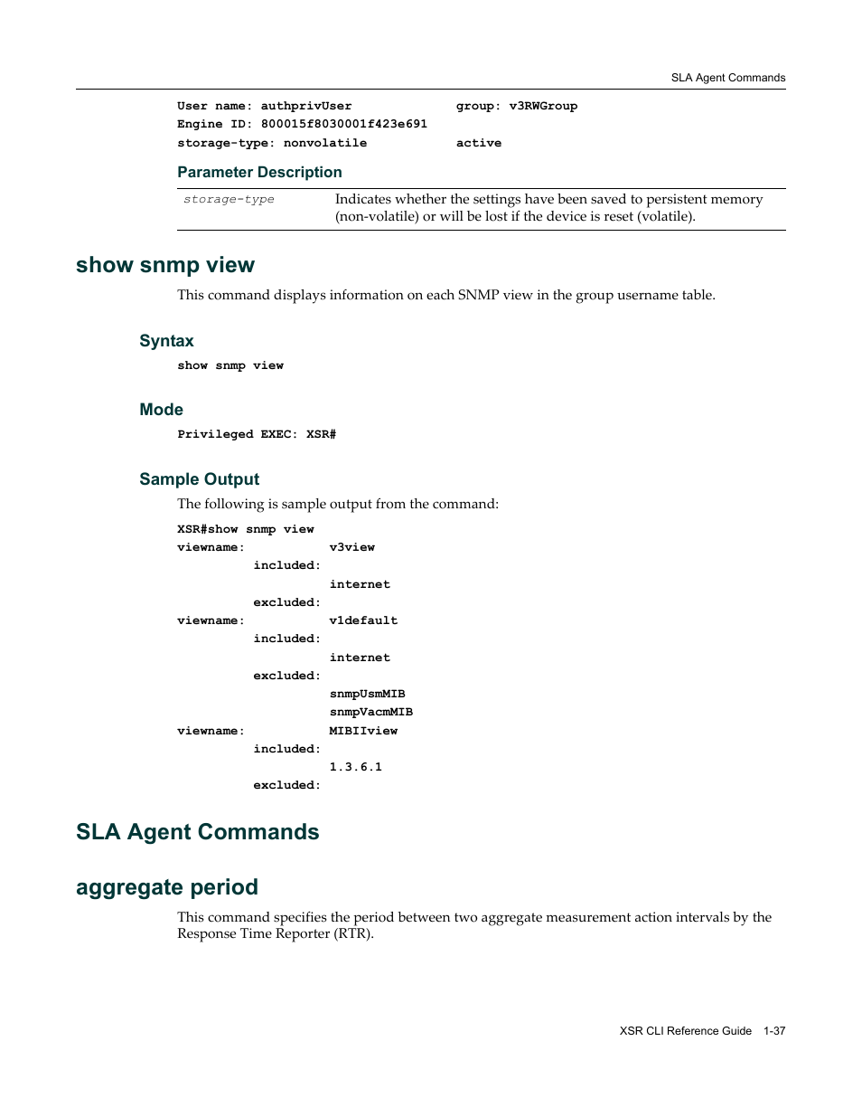 Sla agent commands, Sla agent commands -37, Show snmp view | Sla agent commands aggregate period | Enterasys Networks X-Pedition XSR CLI User Manual | Page 51 / 684