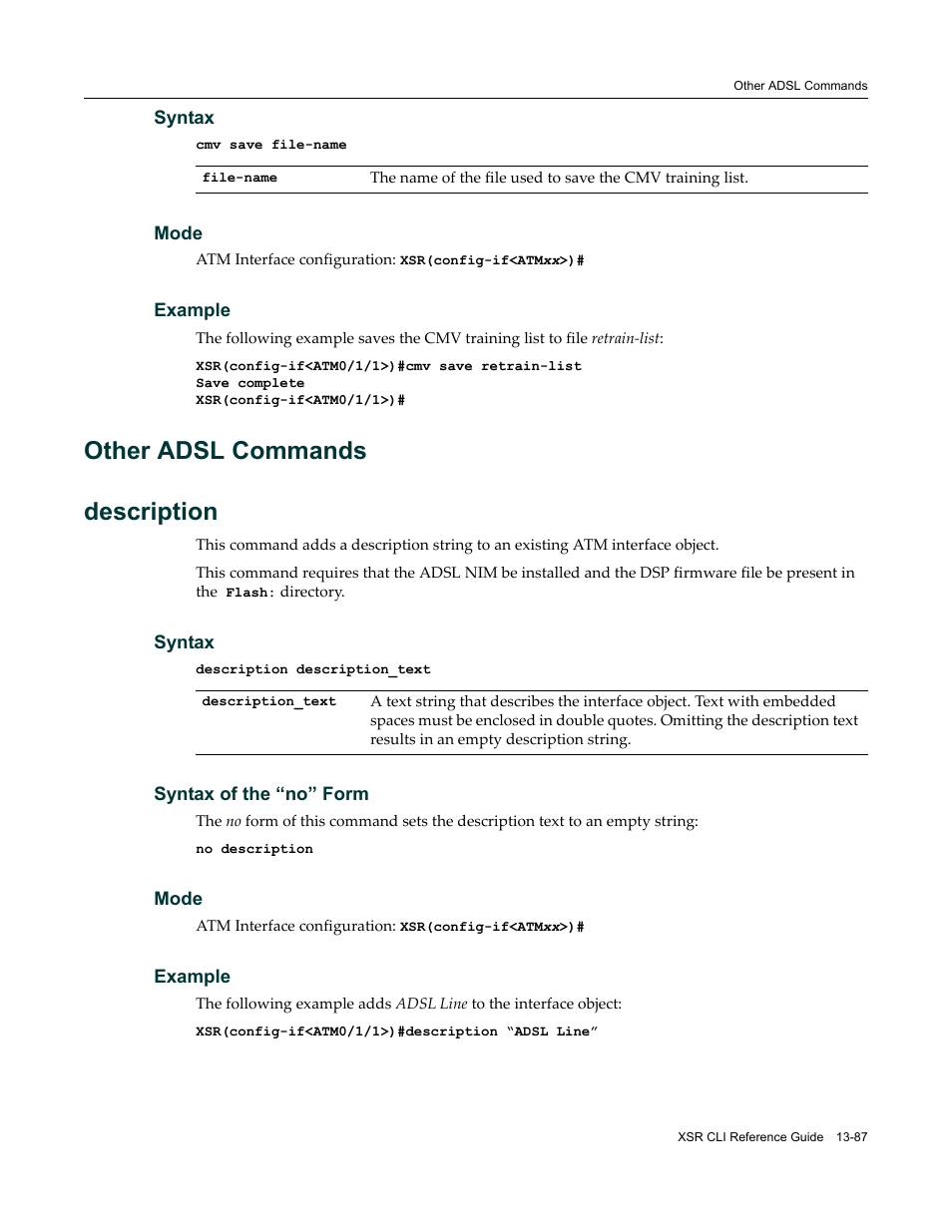 Other adsl commands, Other adsl commands -87, Other adsl commands description | Enterasys Networks X-Pedition XSR CLI User Manual | Page 513 / 684