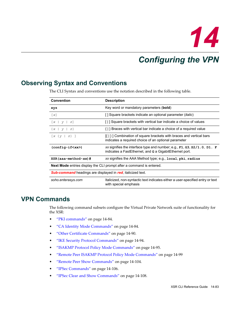 Configuring the vpn, Observing syntax and conventions, Vpn commands | Chapter 14: configuring the vpn | Enterasys Networks X-Pedition XSR CLI User Manual | Page 537 / 684