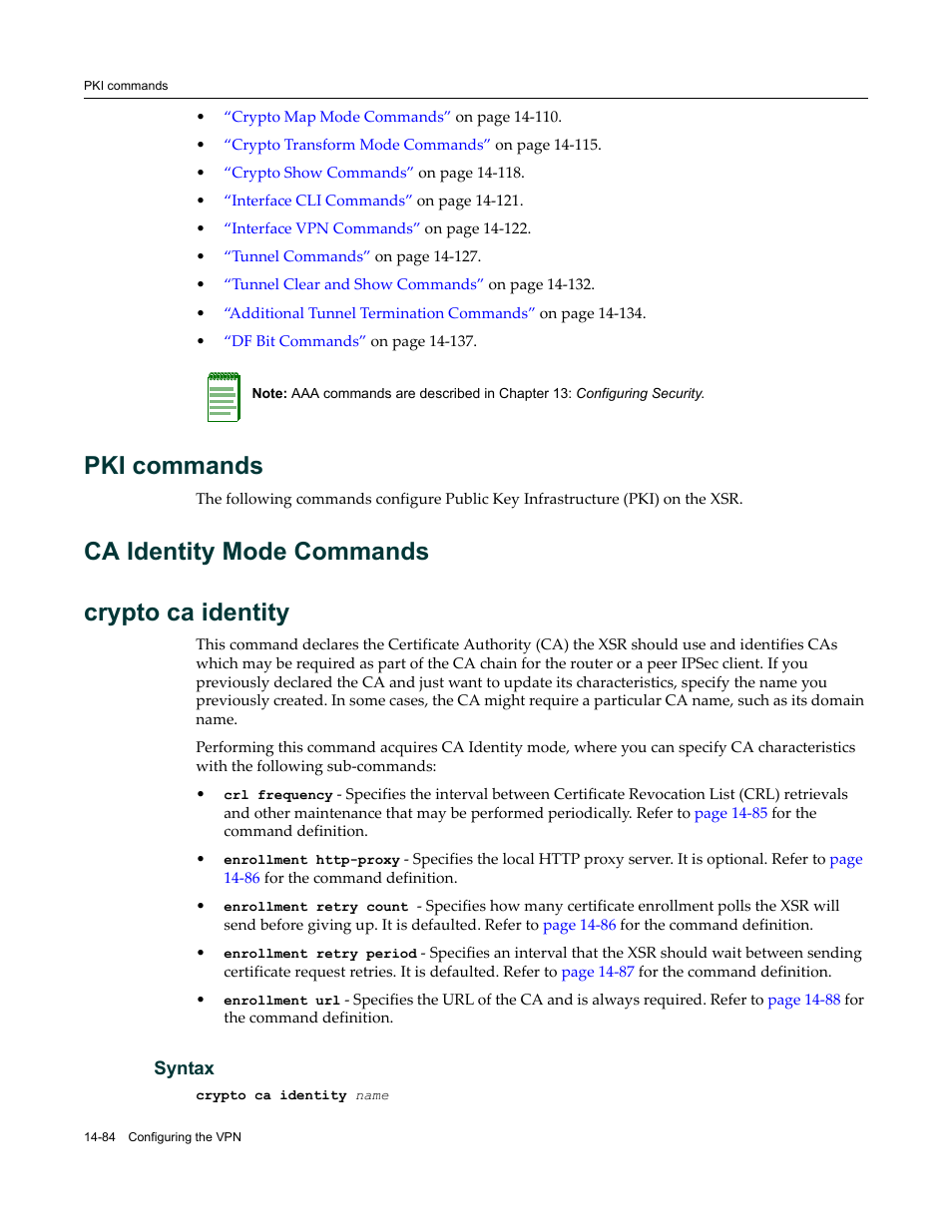 Pki commands, Ca identity mode commands, Pki commands -84 ca identity mode commands -84 | Ca identity mode commands crypto ca identity | Enterasys Networks X-Pedition XSR CLI User Manual | Page 538 / 684