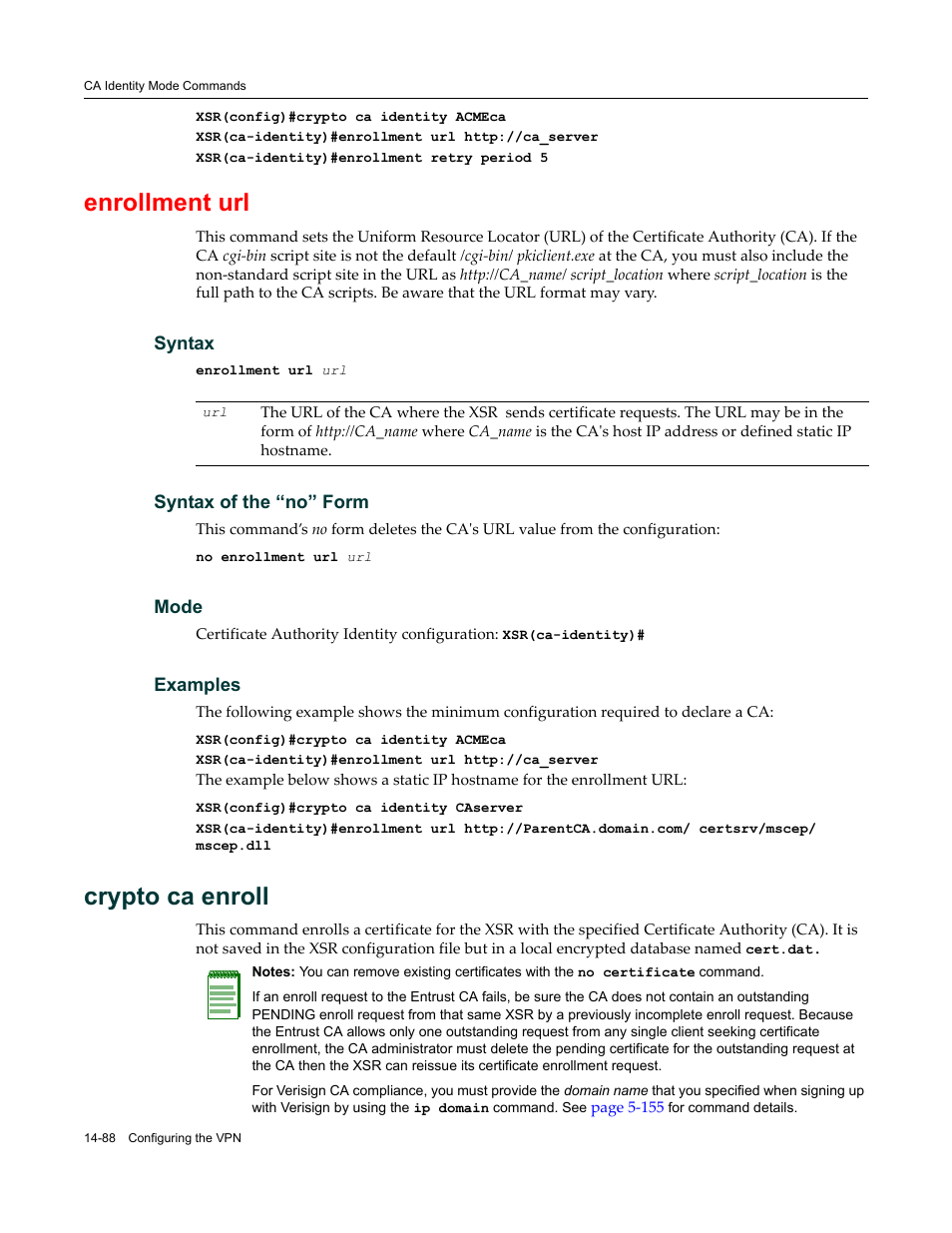 Enrollment url, Crypto ca enroll | Enterasys Networks X-Pedition XSR CLI User Manual | Page 542 / 684