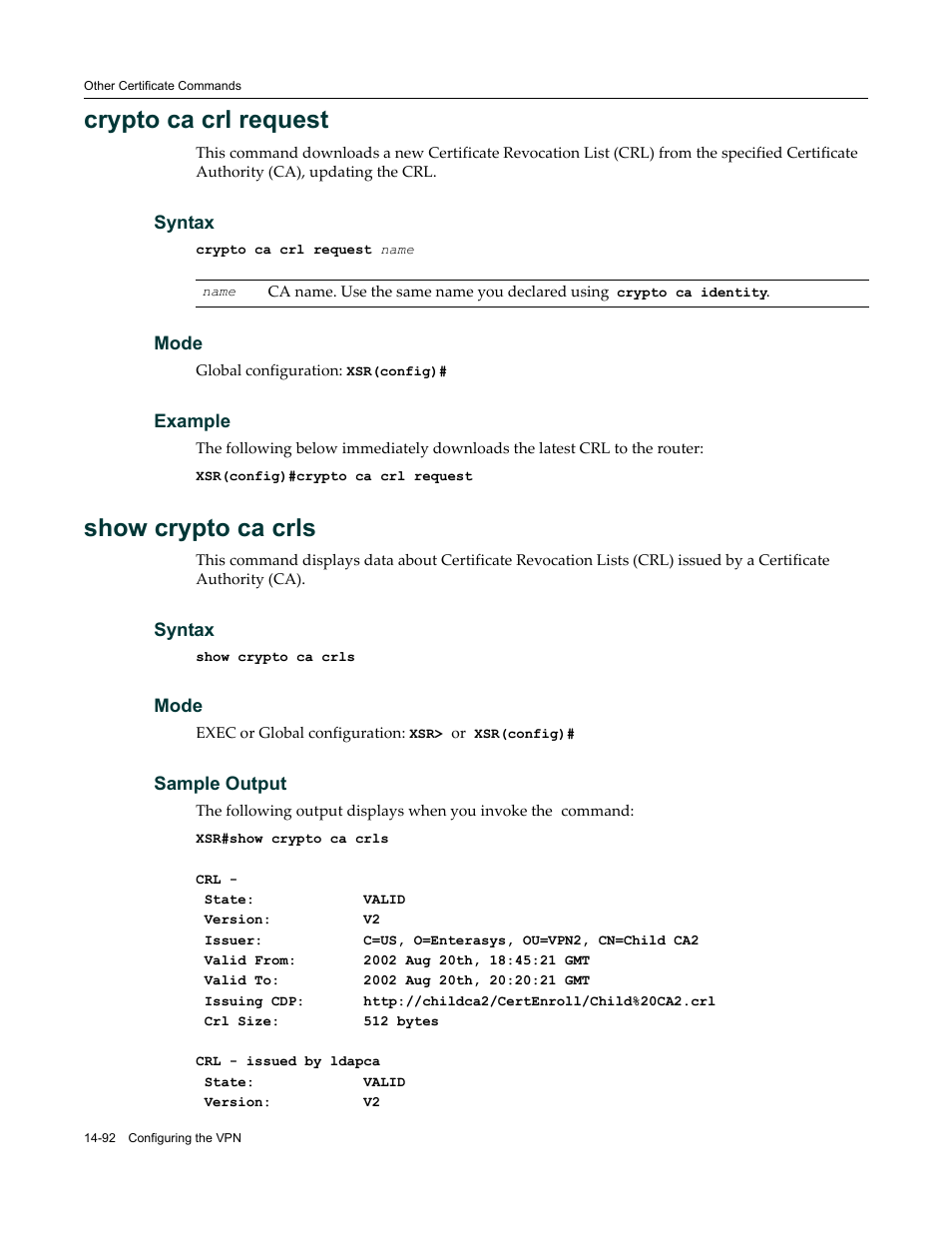 Crypto ca crl request, Show crypto ca crls | Enterasys Networks X-Pedition XSR CLI User Manual | Page 546 / 684