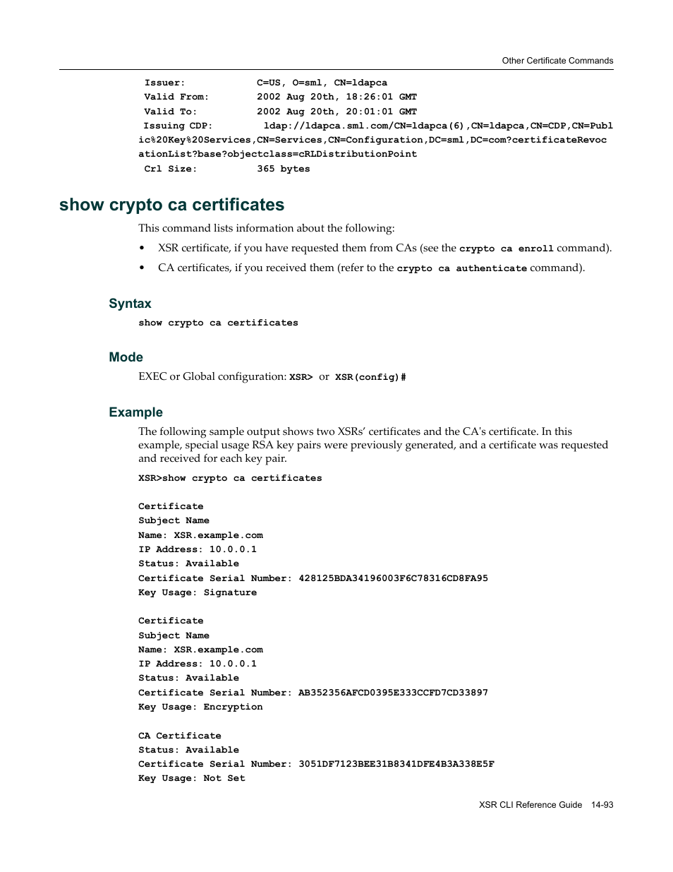 Show crypto ca certificates | Enterasys Networks X-Pedition XSR CLI User Manual | Page 547 / 684