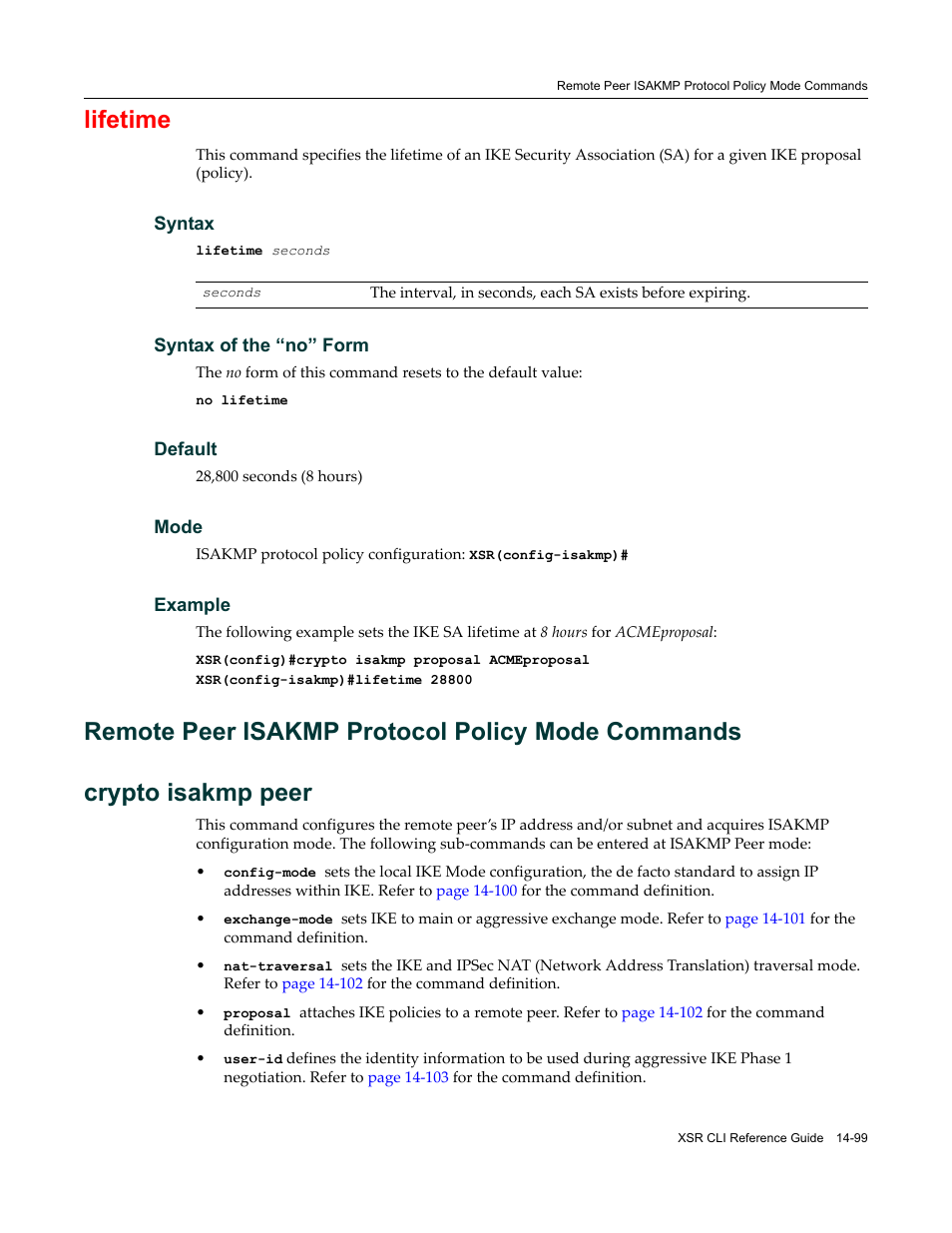 Remote peer isakmp protocol policy mode commands, Lifetime | Enterasys Networks X-Pedition XSR CLI User Manual | Page 553 / 684